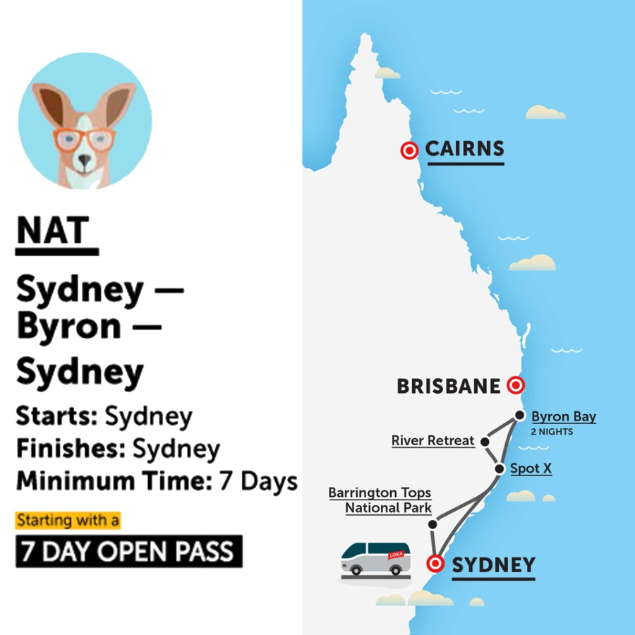 Sydney to Byron Bay and Return Stray Australia Hop On Hop Off Bus Pass 595